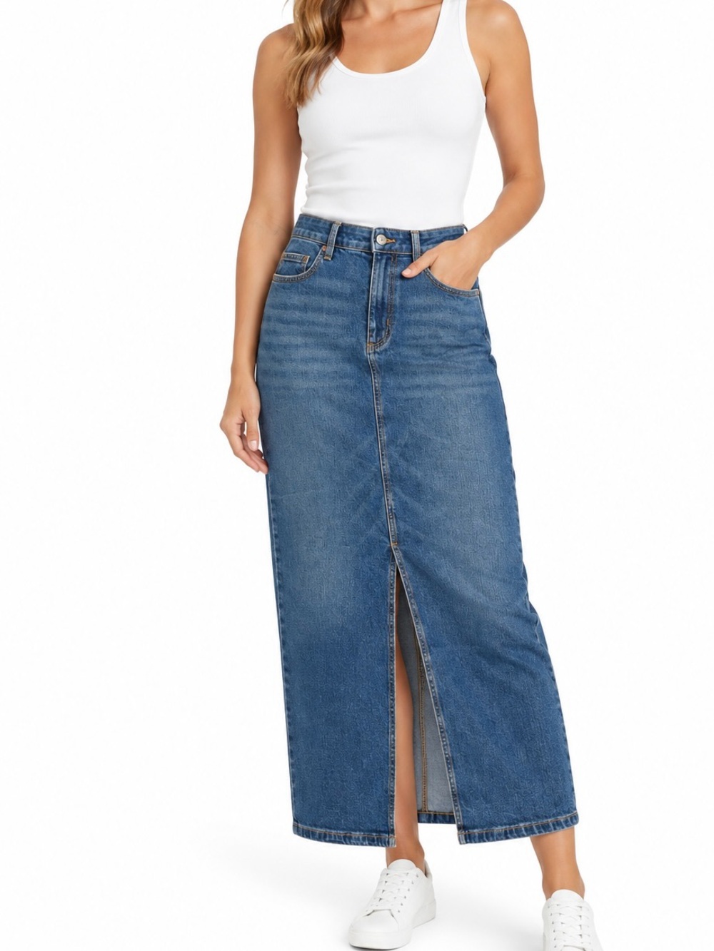 Lands' End Blue Denim, Maxi Skirt with Center Front Slit.